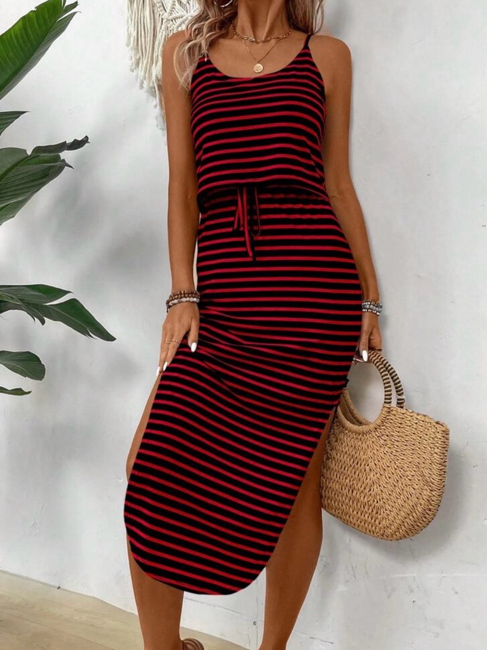 Striped Midi Dress Medium Red Black Cami Drawstring Waist Side Slit Dress